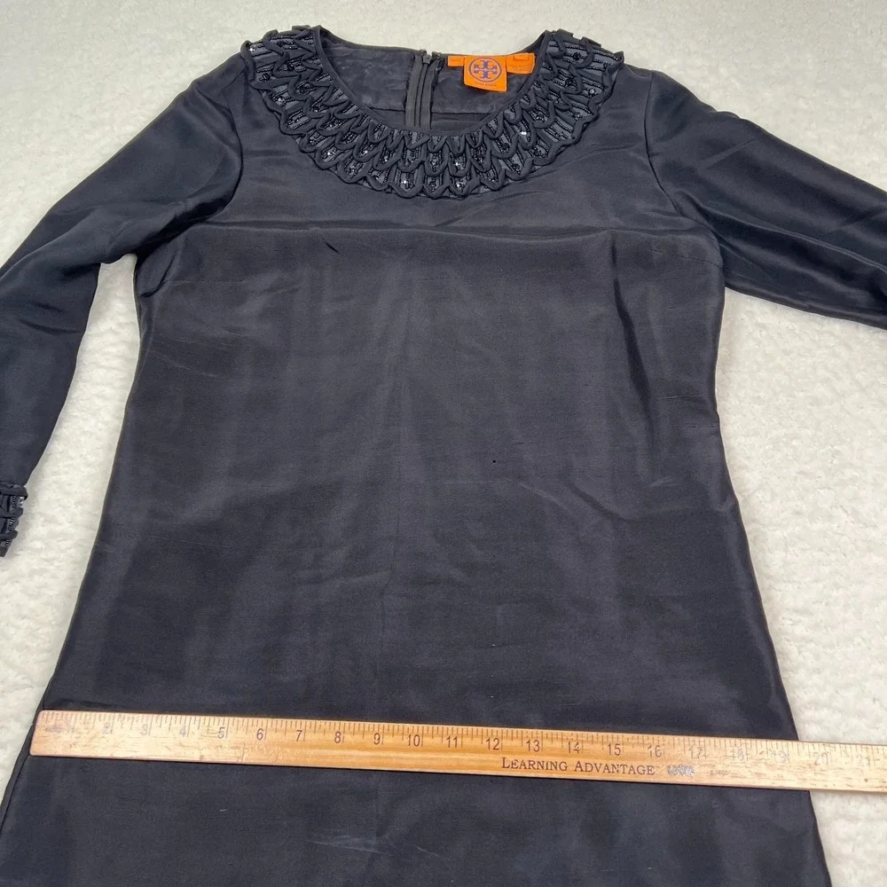Tory Burch Shift Dress Womens 8 Black‎ 100% Silk Beaded Trim Cocktail 3/4 Sleeve